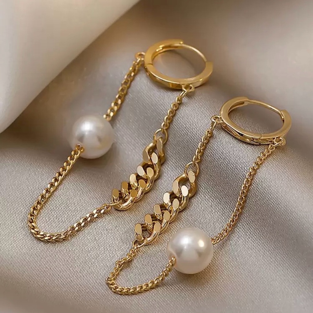 Elegant Gold and Pearl Chain Earrings